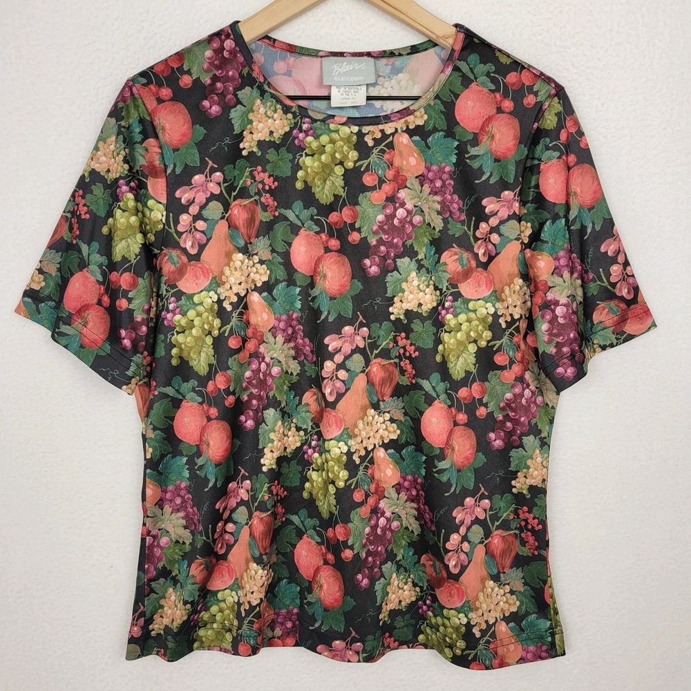 Vintage 90s Blair Fruit Print Top Women's M Black Cottage Grandmacore Maximalist